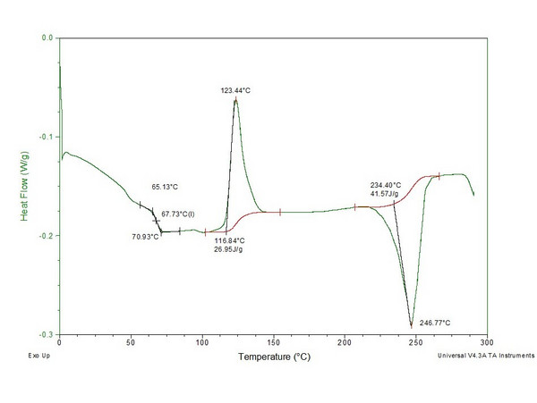 Kurve, die mittels dynamischer Differenzkalorimetrie bzw. dynamic scanning calorimetry (DSC) aufgenommen wurde